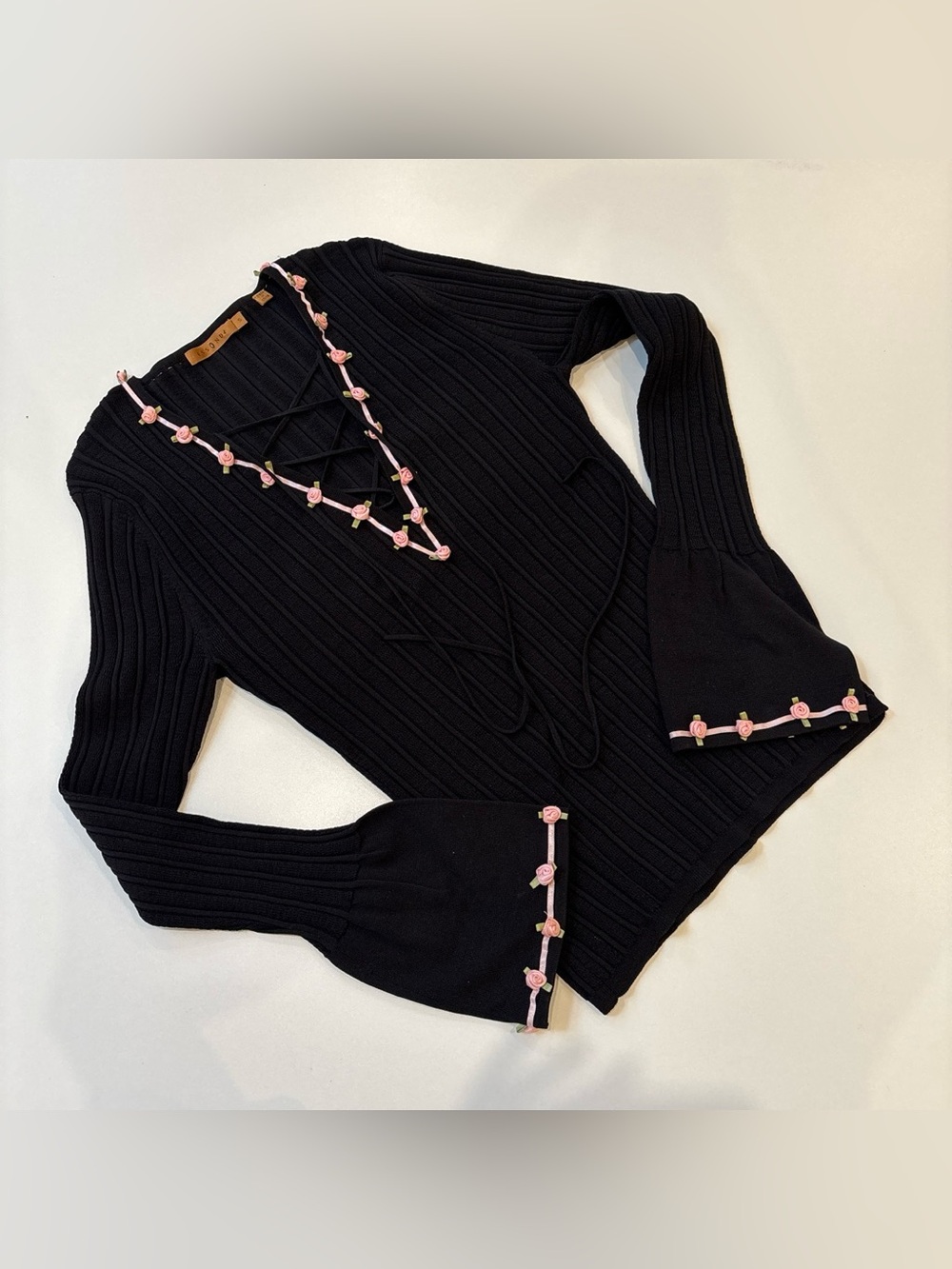 Black Long-Sleeve Ribbed Top with Pink Rose Trim